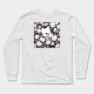 Cute white kitten in a field of roses Long Sleeve T-Shirt